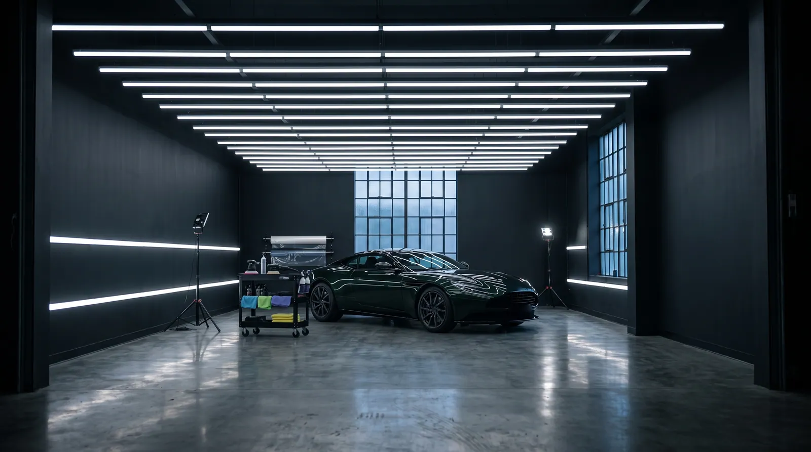 The studio: a long dark room under rows of light tubes, the green coupé in the middle.