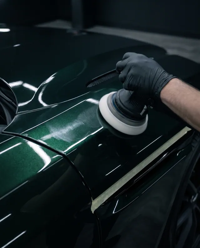 A gloved hand runs a polisher over a green wing; the paint behind the pad holds a sharp reflection.